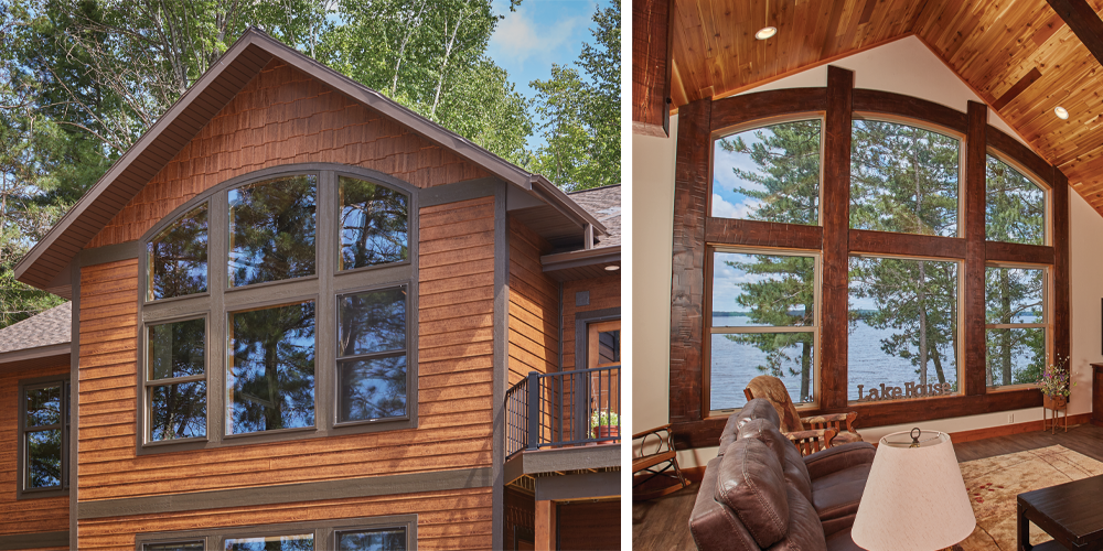 Forgent Series double hungs, Direct set transoms in custom shapes to form a segment head Glastra exterior in Bronze; Forgent Series double hungs flanking a stationary unit Direct set transoms in custom shapes to form a segment head Glastra interior in Sahara