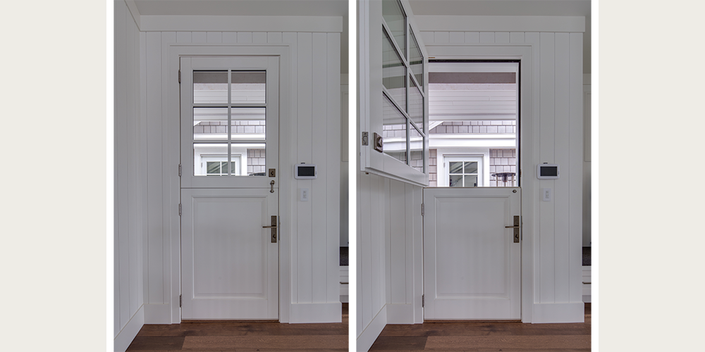 Dutch door with raised panel on bottom, glass lite on top
