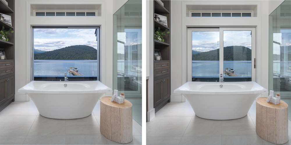 Multi-slide door with two panels that pocket to one side Satin Nickel narrow flush pull hardware