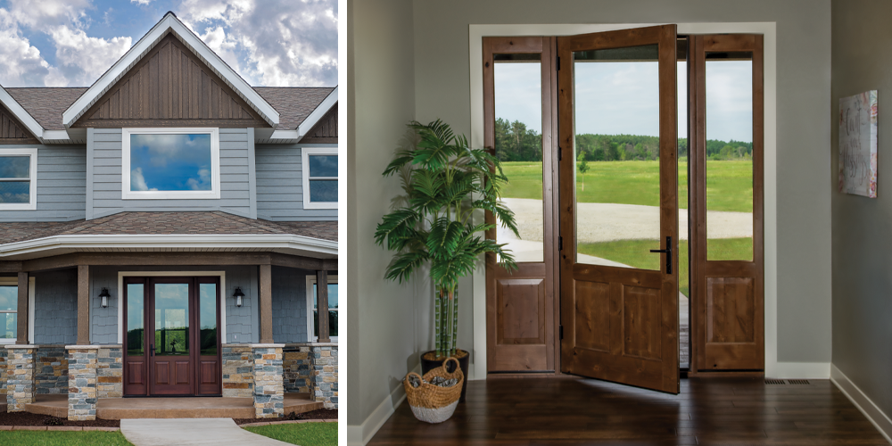 Extruded aluminum clad exterior door and sidelites with custom Decoral National Walnut finish; Ultra Series inswing door with raised panels and sidelites Knotty Alder wood interior, double clear coat finish