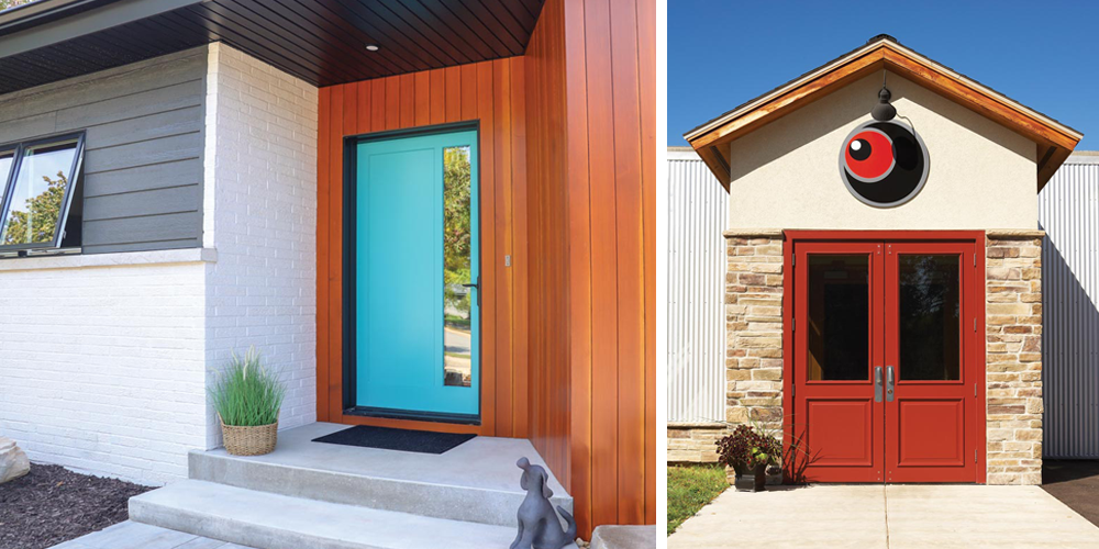 Left Image: Ultra Series swing door in a custom color, Right Image:Ultra Series commercial French outswing entrance door