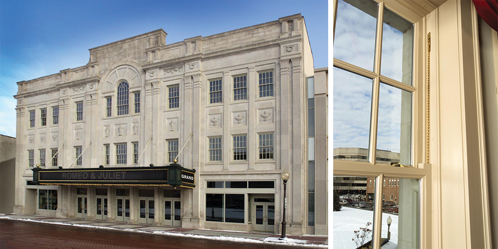 Grand Theater historical renovation: Heritage Series Old World Classic double hungs, Top center is a reverse cottage-style, half-circle top unit, Ogee lugs integral to the exterior of the top sash