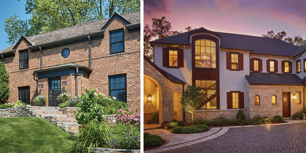 on the left black double hung windows with divider lites, on the right large custom double hung windows with divider lites