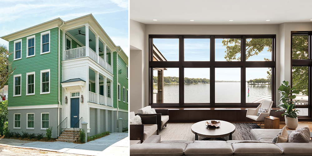 on the left: white large double hung windows on the right: black direct set  and geometric windows