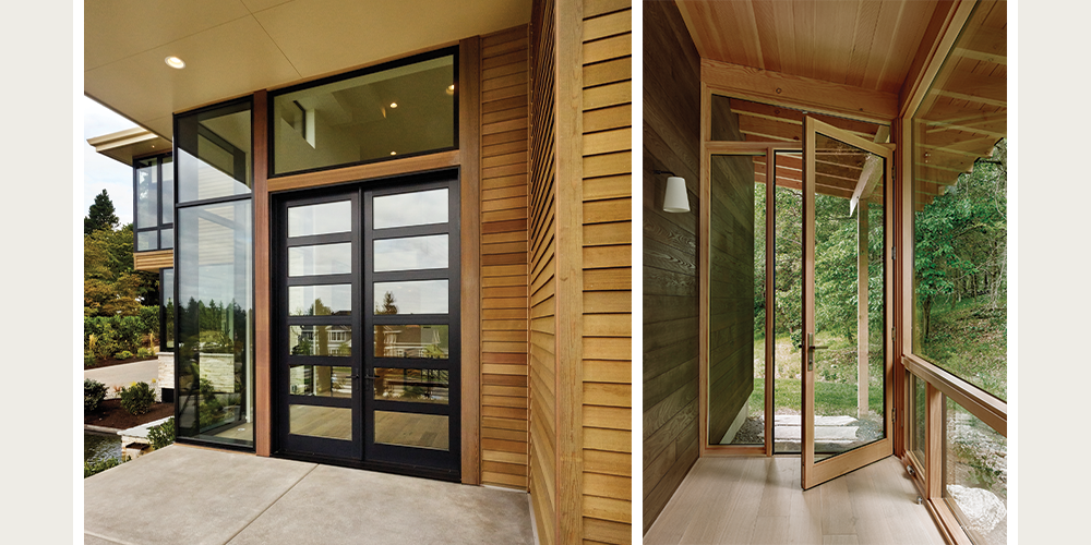 Left Image: Inswing French door with 4-1/2" wide PDL bars Right Image: VistaLuxe WD LINE inswing door, geometric direct set, direct set and awnings